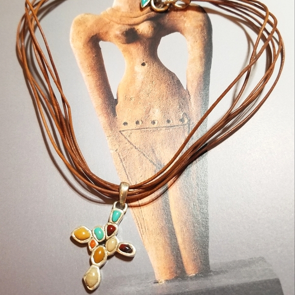 BARSE Retired Multi Gem Cross Necklace Sterling and Leather - Picture 7 of 7